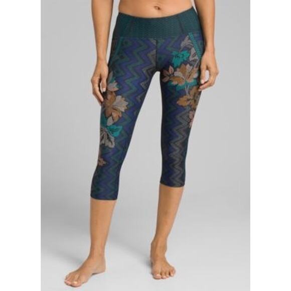 prAna Pants - Prana Teal Blue Chevron Floral Print Mid Rise Cropped‎ Capri Leggings Size Small